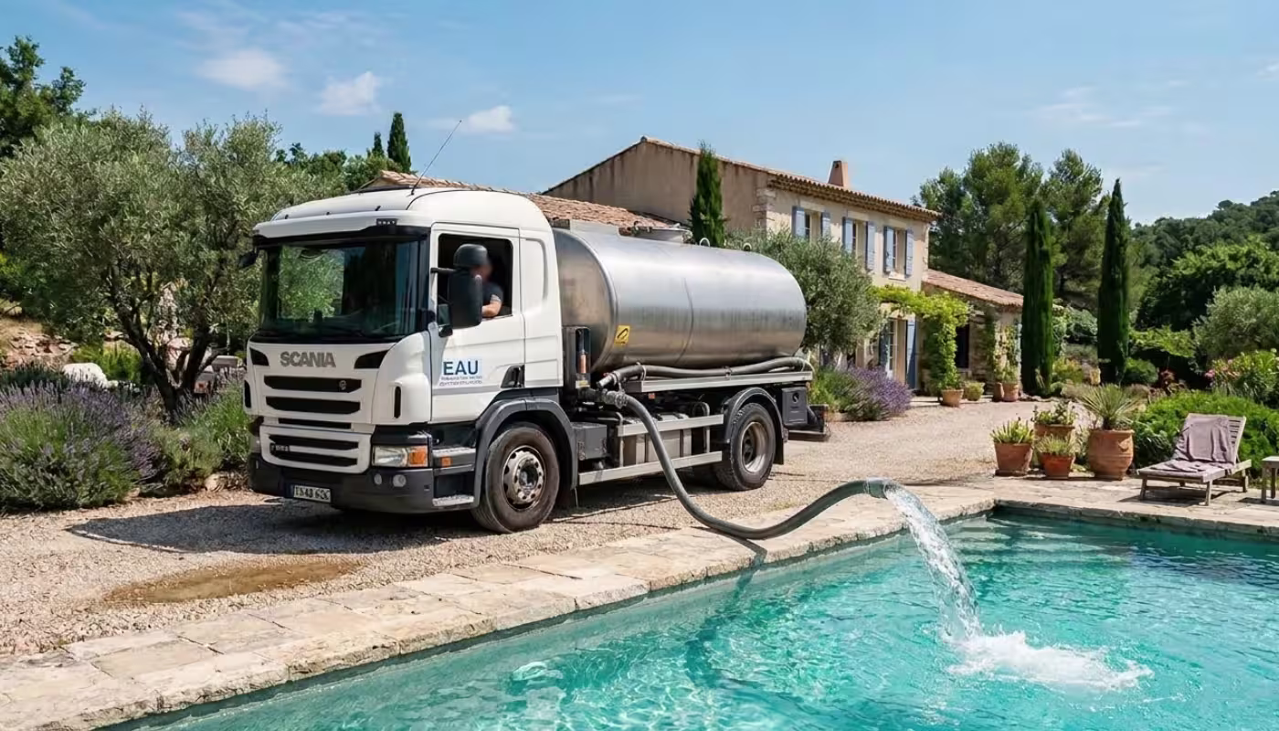 Camion-citerne Flocea en train de remplir une piscine dans le Sud de la France
