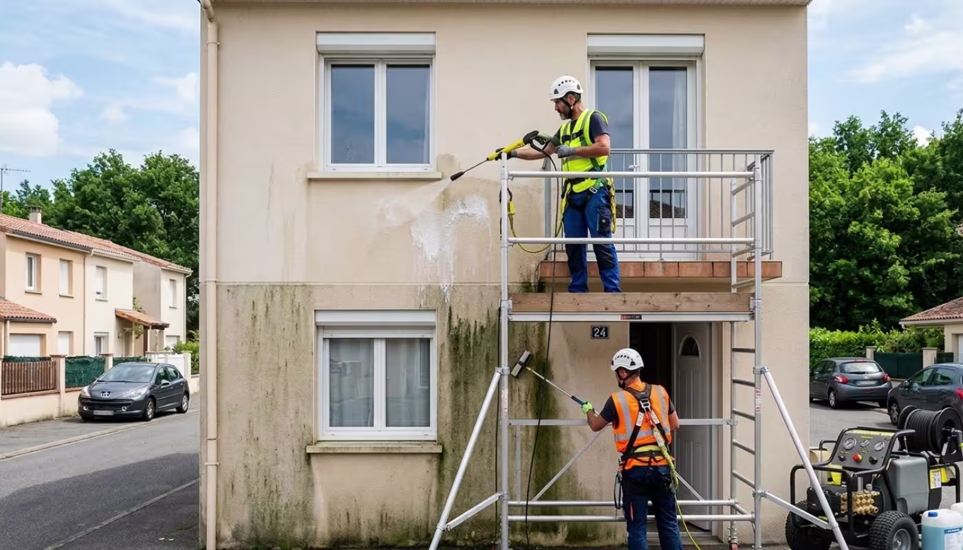 Chantier de nettoyage de façade en cours avec deux ouvriers Flocea sur une petite maison toulousaine