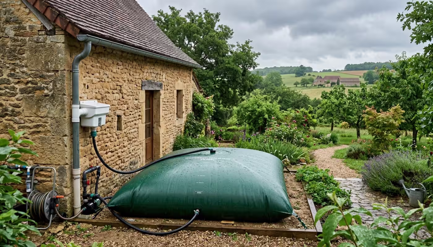 Citerne souple reliée à la gouttière d'une maison pour la récupération d'eau de pluie