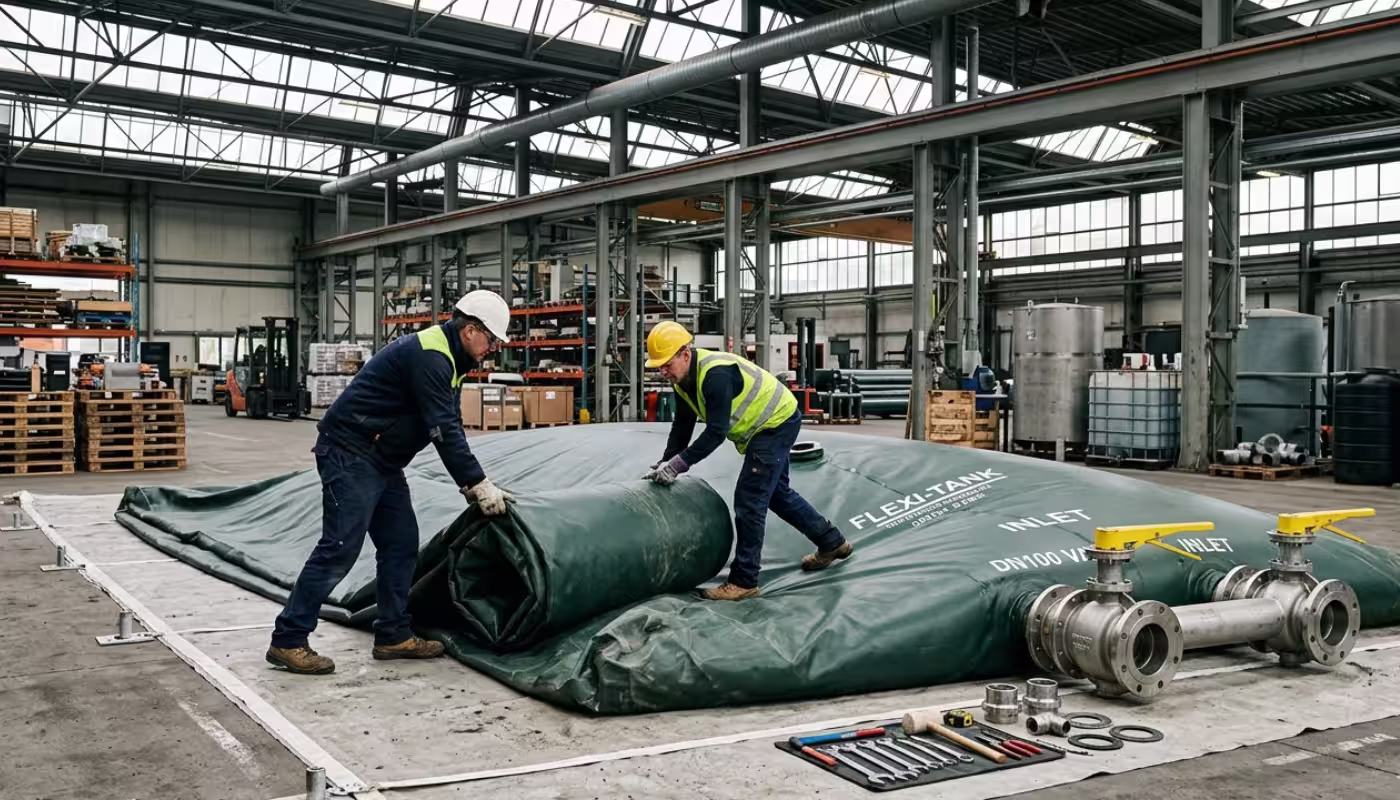 Deux ouvriers manipulent et replient une citerne souple en milieu industriel