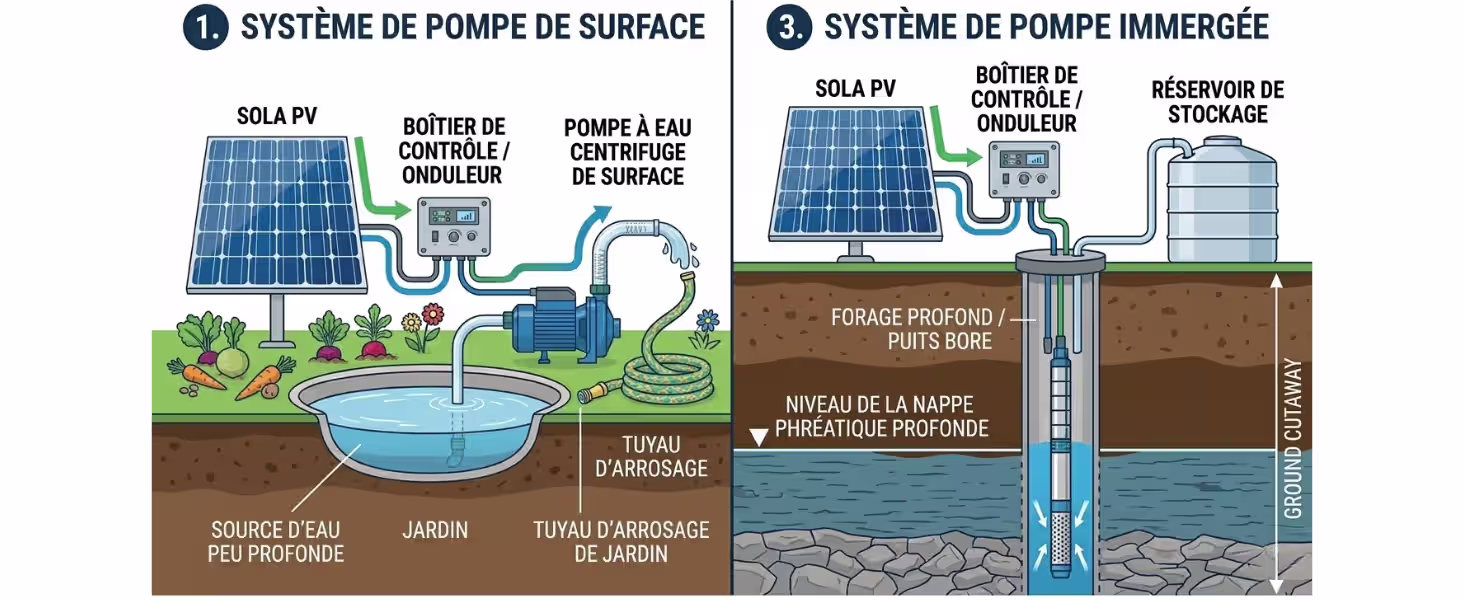 Comparaison de deux systèmes de pompage solaire : pompe de surface et pompe immergée