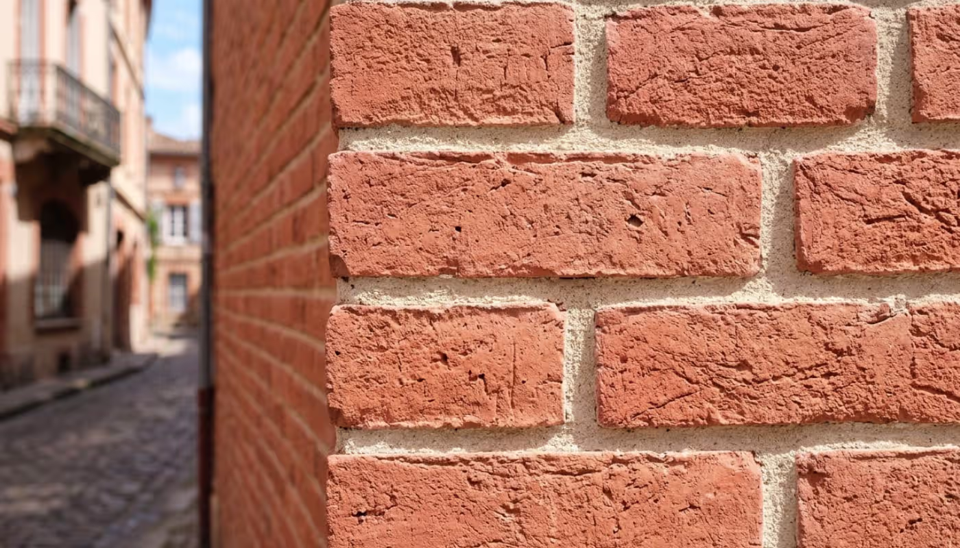Façade mur de briques toulousaines nettoyée — résultat après démoussage professionnel Flocea