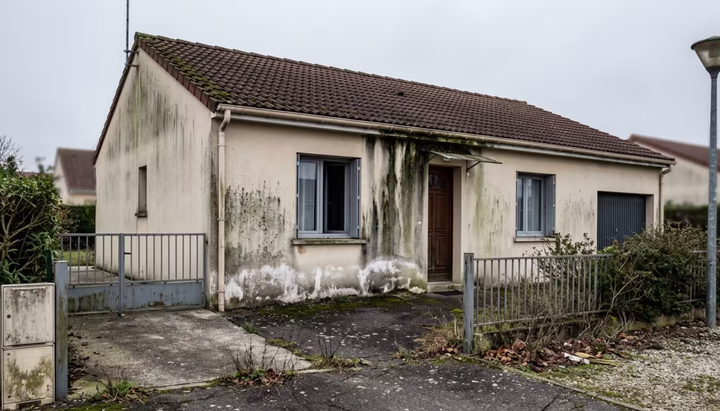 Maisons avec façades abîmées à traiter — moisissures et algues sur enduit à Toulouse