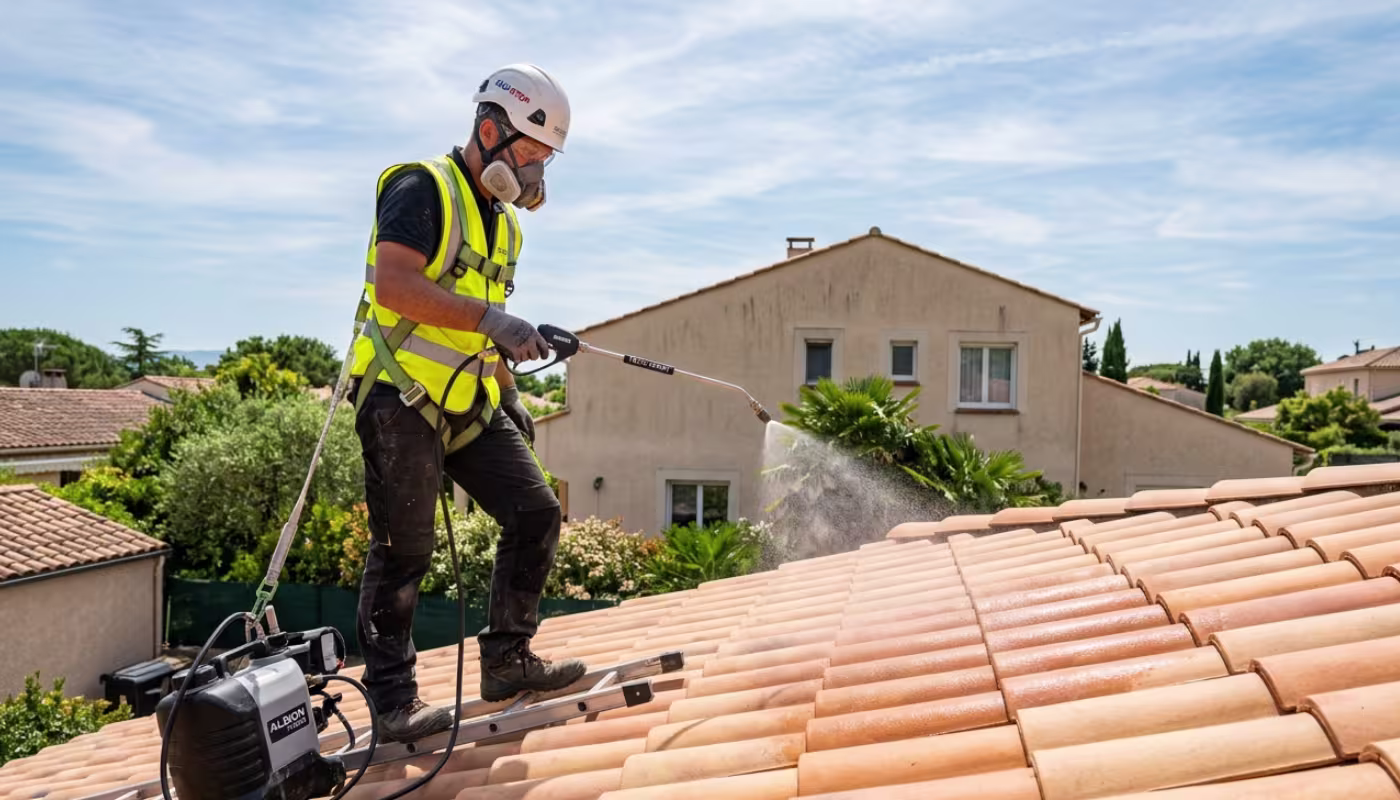 Technicien Flocea appliquant un produit de nettoyage sur une façade à Toulouse