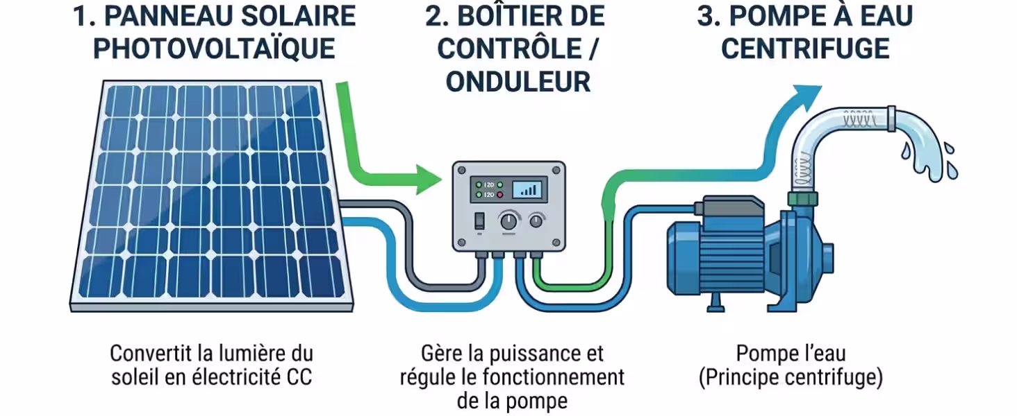 Schéma de fonctionnement d'une pompe à eau solaire centrifuge avec onduleur et panneau solaire