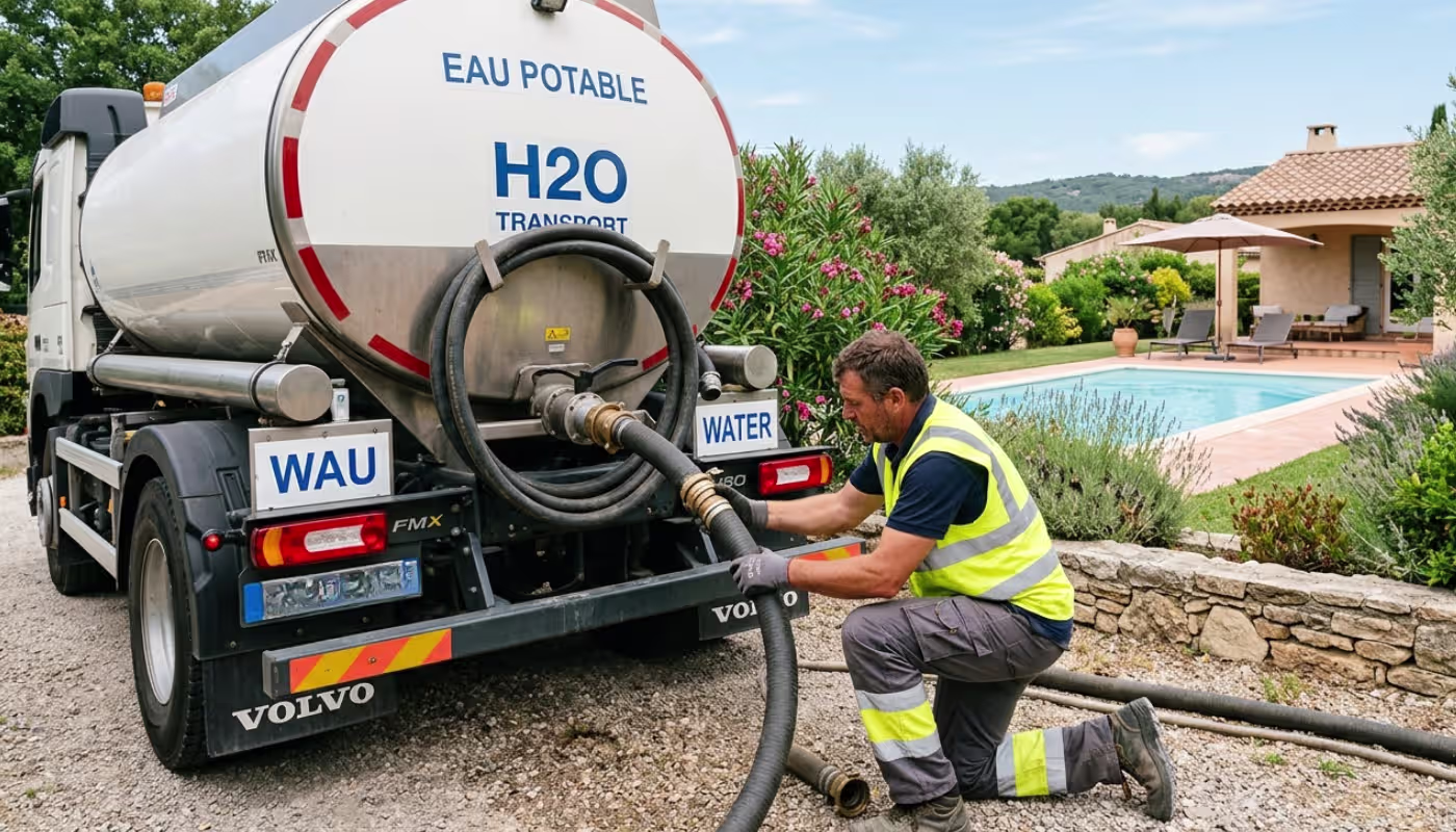 Technicien du camion-citerne Flocea en train de manipuler les tuyaux d’eau