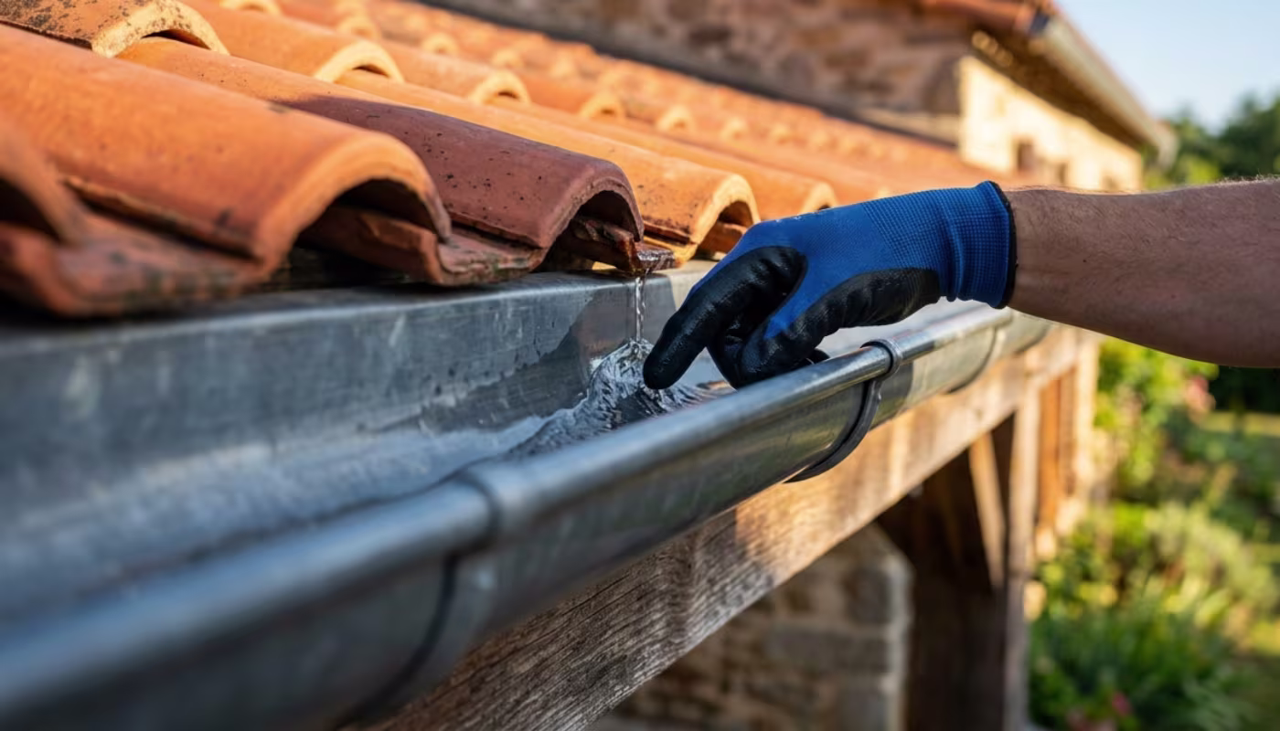 Toiture nettoyée avec écoulement propre dans la gouttière après démoussage Flocea