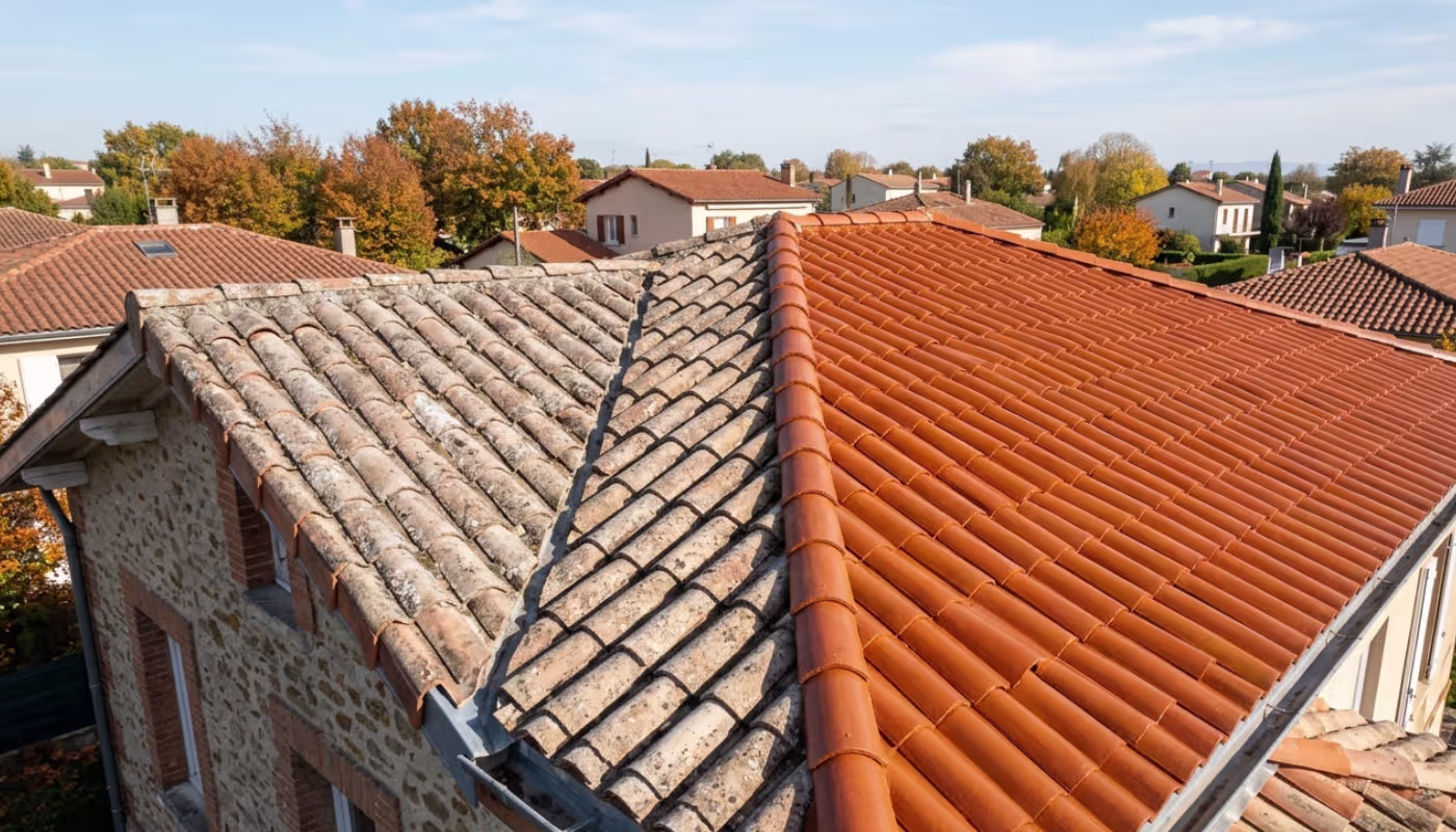 Traitement hydrofuge avec recoloration des tuiles — avant/après sur toiture toulousaine
