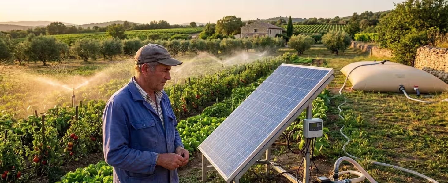 Un agriculteur devant son installation de citerne souple avec panneaux solaires et pompe à eau solaire