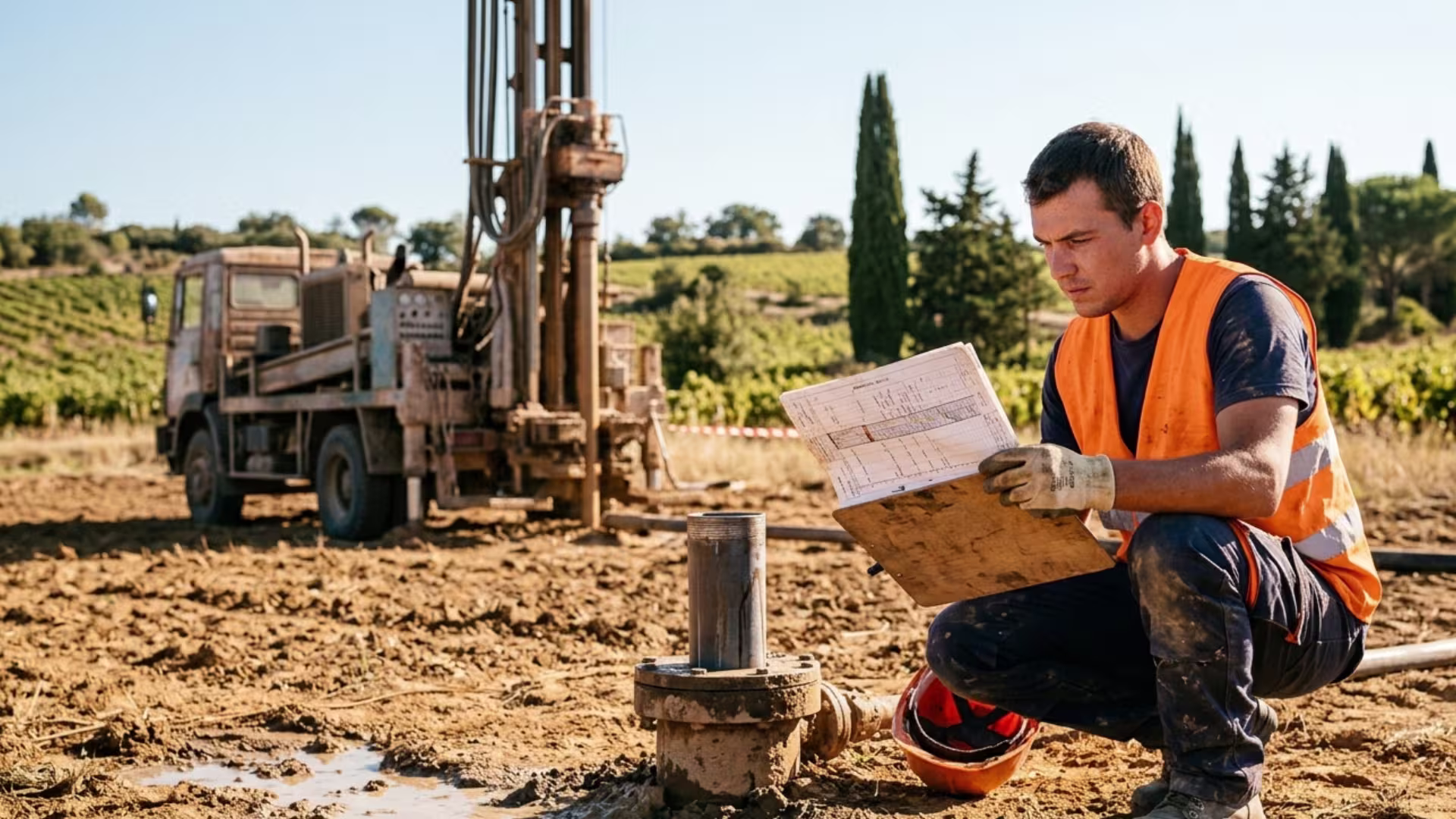 Puits artésien installé au milieu d'un champ après forage — tête de puits visible en terrain agricole