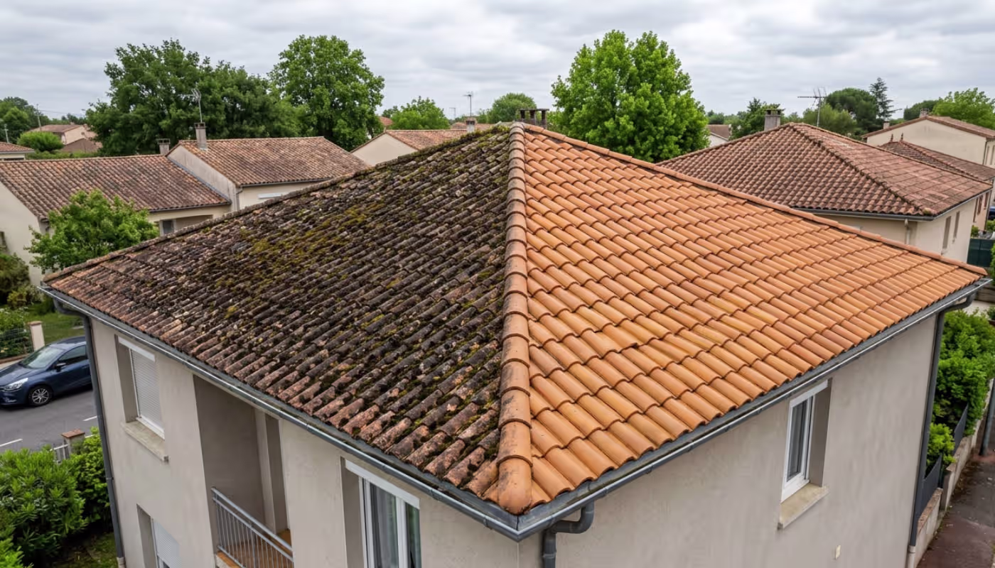 Avant/après nettoyage démoussage toiture — contraste saisissant sur un toit à quatre pentes