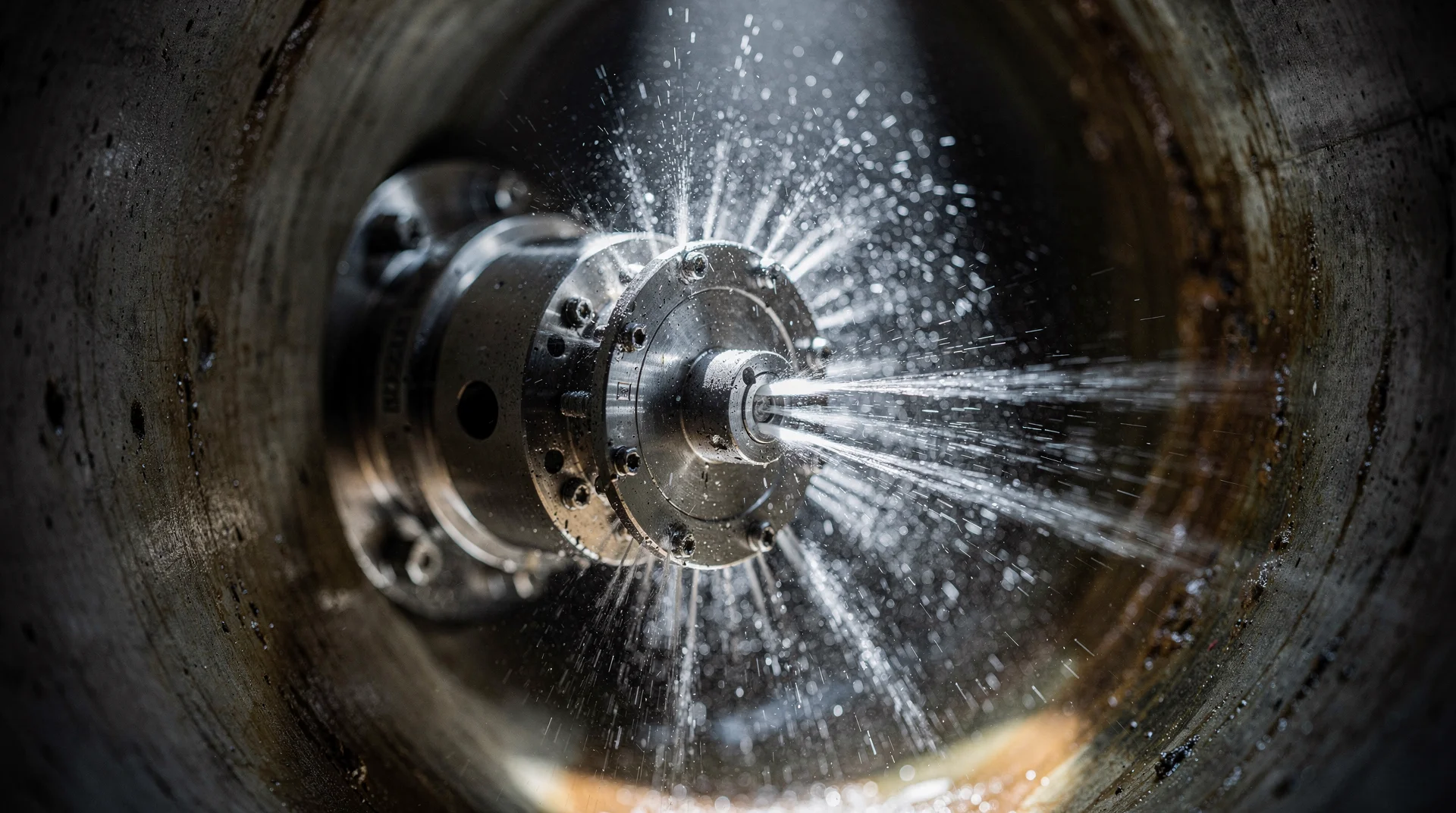 Buse rotative haute pression en action à l'intérieur d'une canalisation — jets d'eau à 360 degrés nettoyant les parois