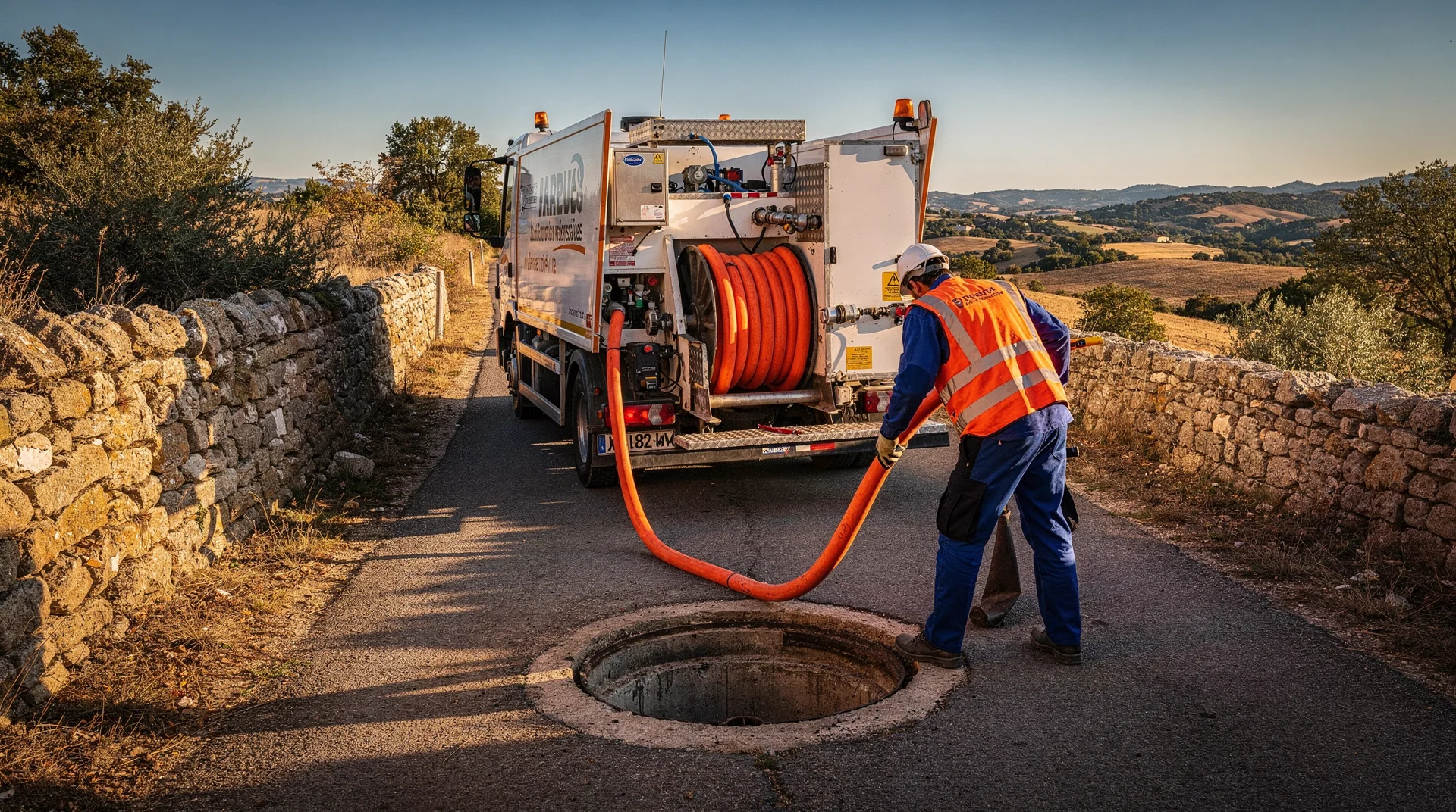 Camion hydrocureur Flocea en intervention sur une route d'Occitanie — technicien déroulant le tuyau haute pression vers un regard de canalisation
