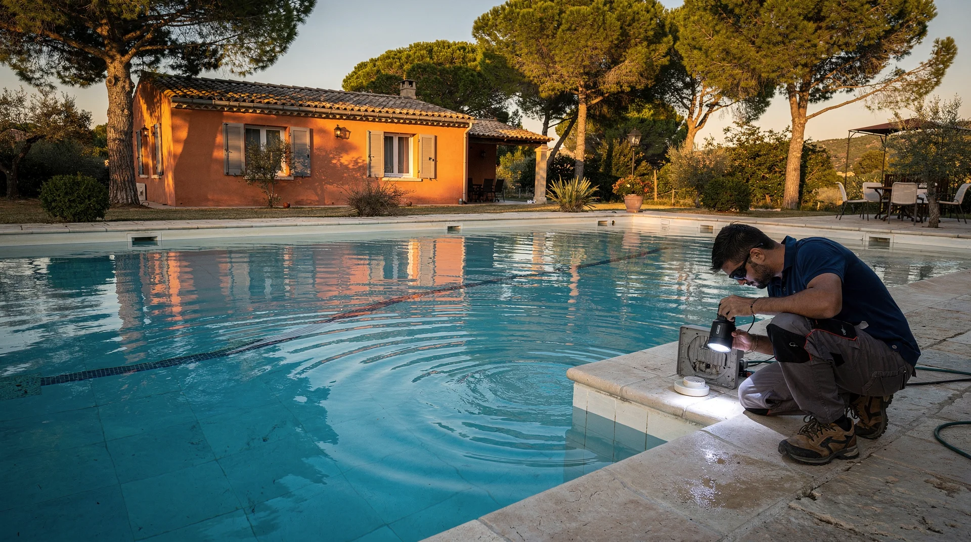 Technicien inspectant le skimmer d'une piscine privée à la lampe torche dans le sud de la France
