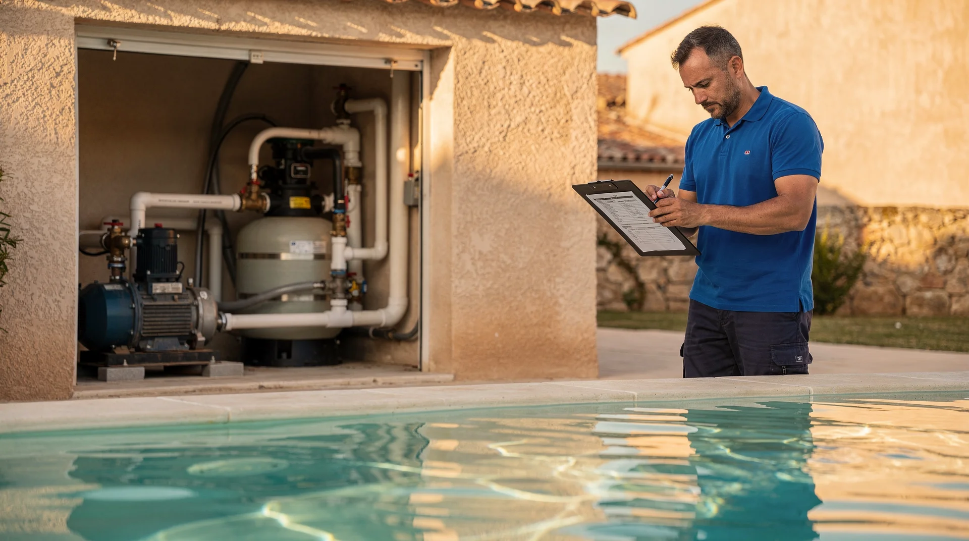 Technicien rédigeant un rapport d'inspection détaillé sur un clipboard au bord d'une piscine