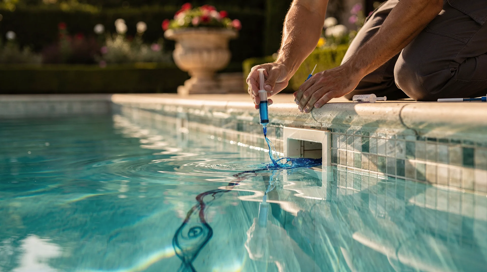 Technicien injectant du colorant bleu près du skimmer pour localiser une fuite de piscine