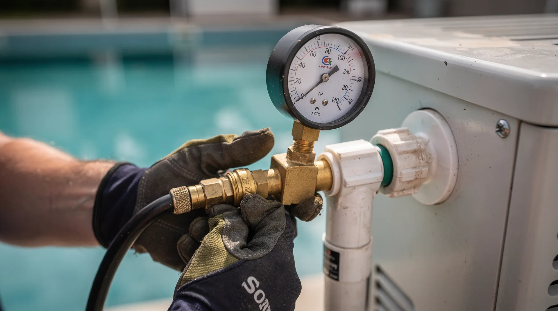 Mains d'un technicien raccordant un manomètre et une pompe à air sur un raccord PVC pour tester la pression des canalisations de piscine