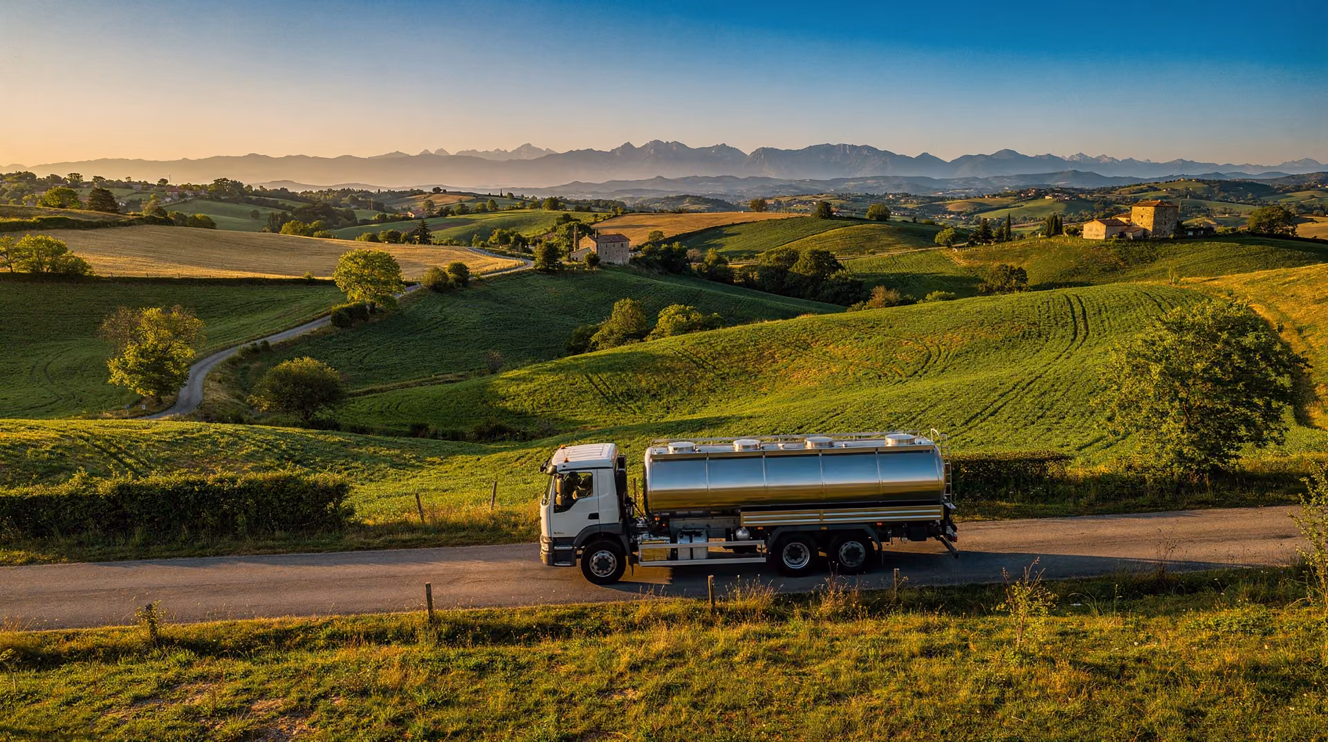 Camion-citerne Flocea sur route de campagne en Occitanie au coucher du soleil — service de livraison d'eau dans le Sud-Ouest