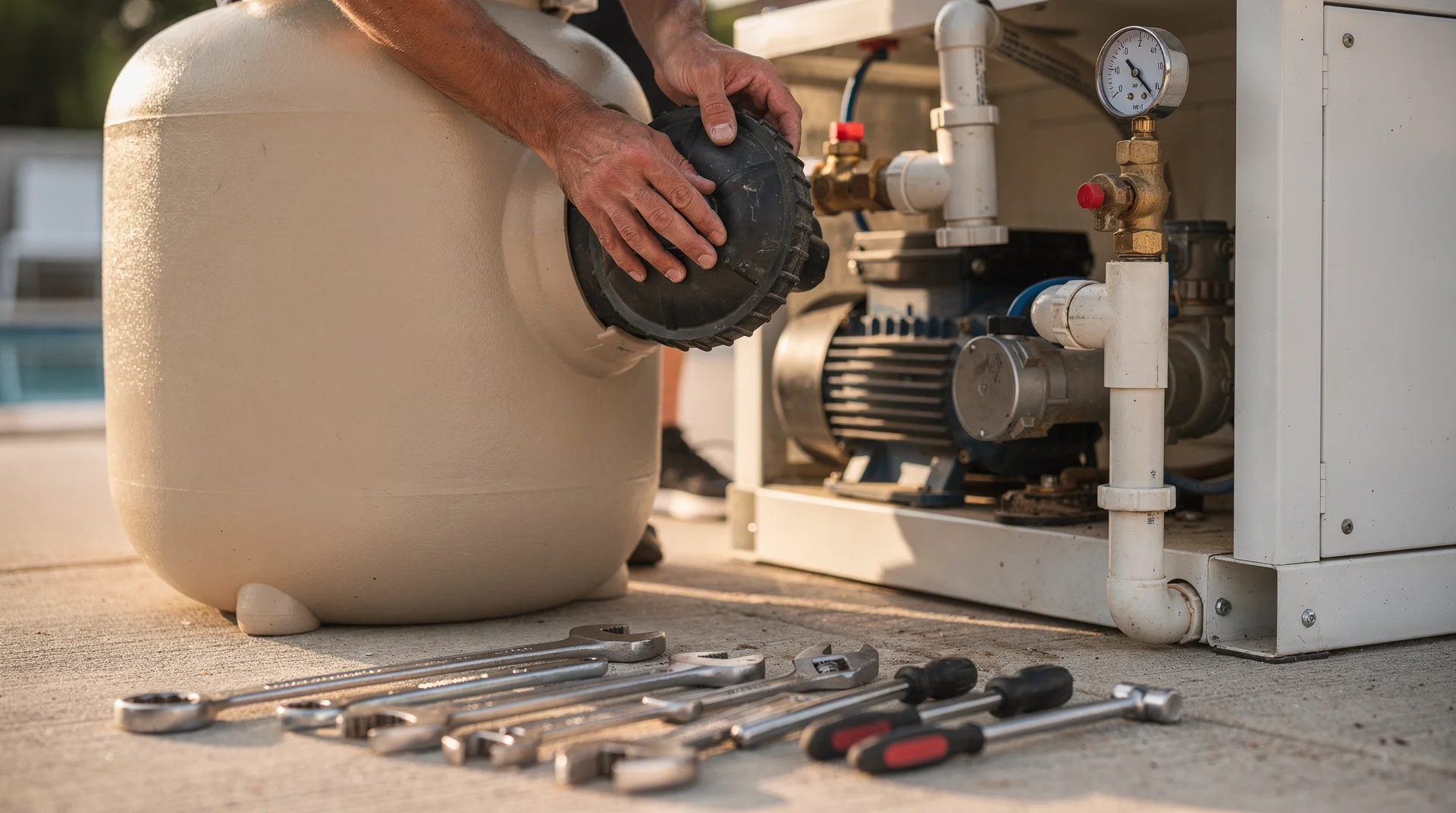 Mains d'un technicien ouvrant le couvercle d'un filtre à sable de piscine — maintenance des équipements de filtration