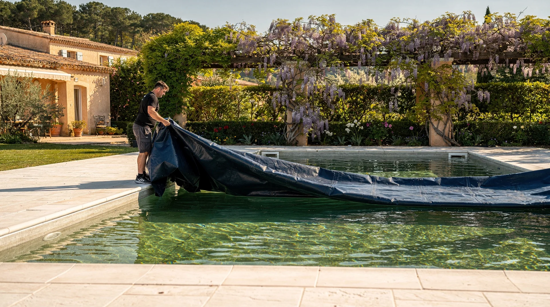 Technicien retirant la bâche d'hivernage d'une piscine privée au printemps dans le sud de la France — remise en service saisonnière