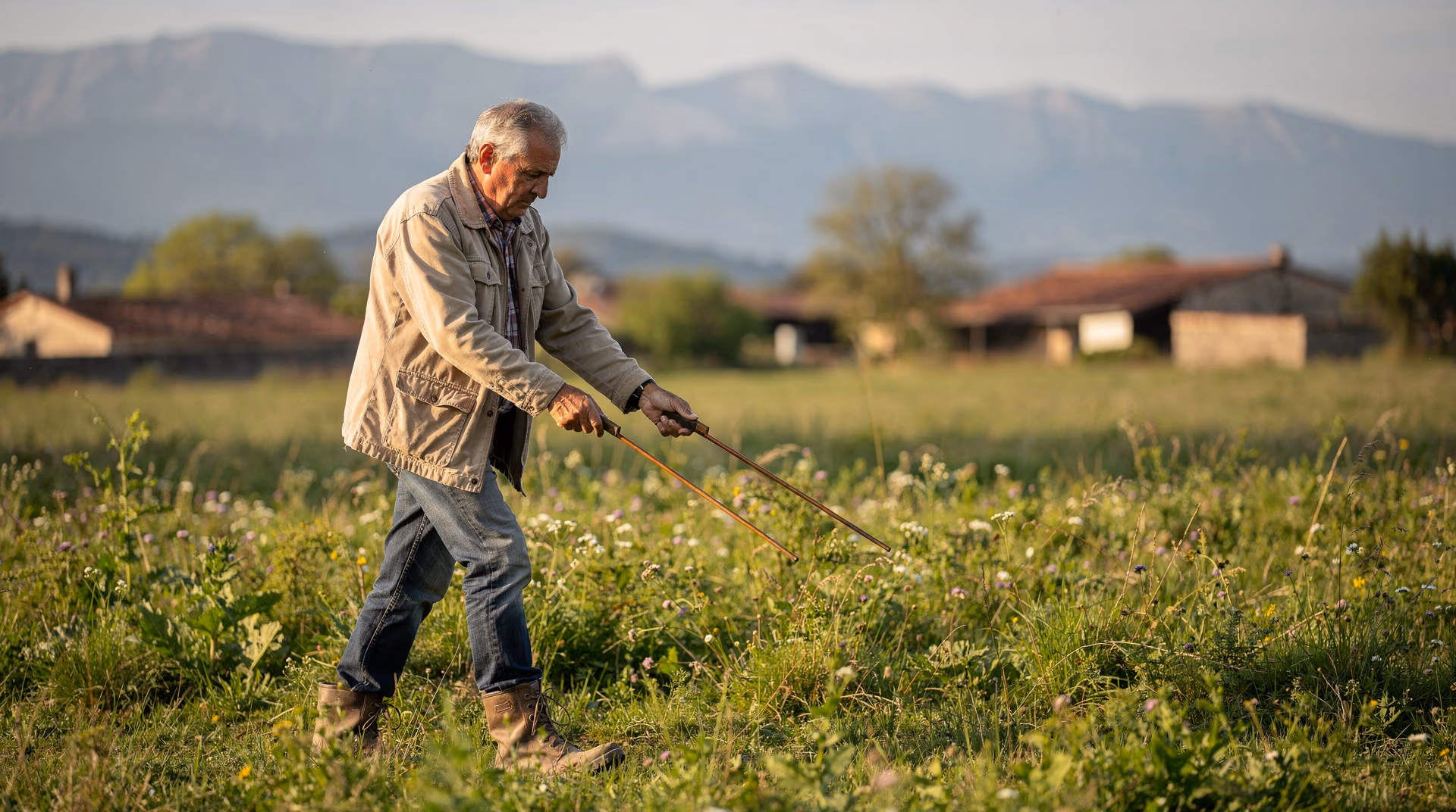 Sourcier en intervention dans un champ en Haute-Garonne avec ses baguettes en cuivre pour localiser une veine d'eau souterraine