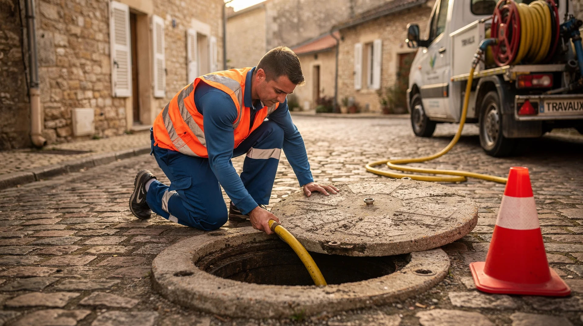 Technicien hydrocurage guidant le tuyau haute pression dans un regard de canalisation ouvert
