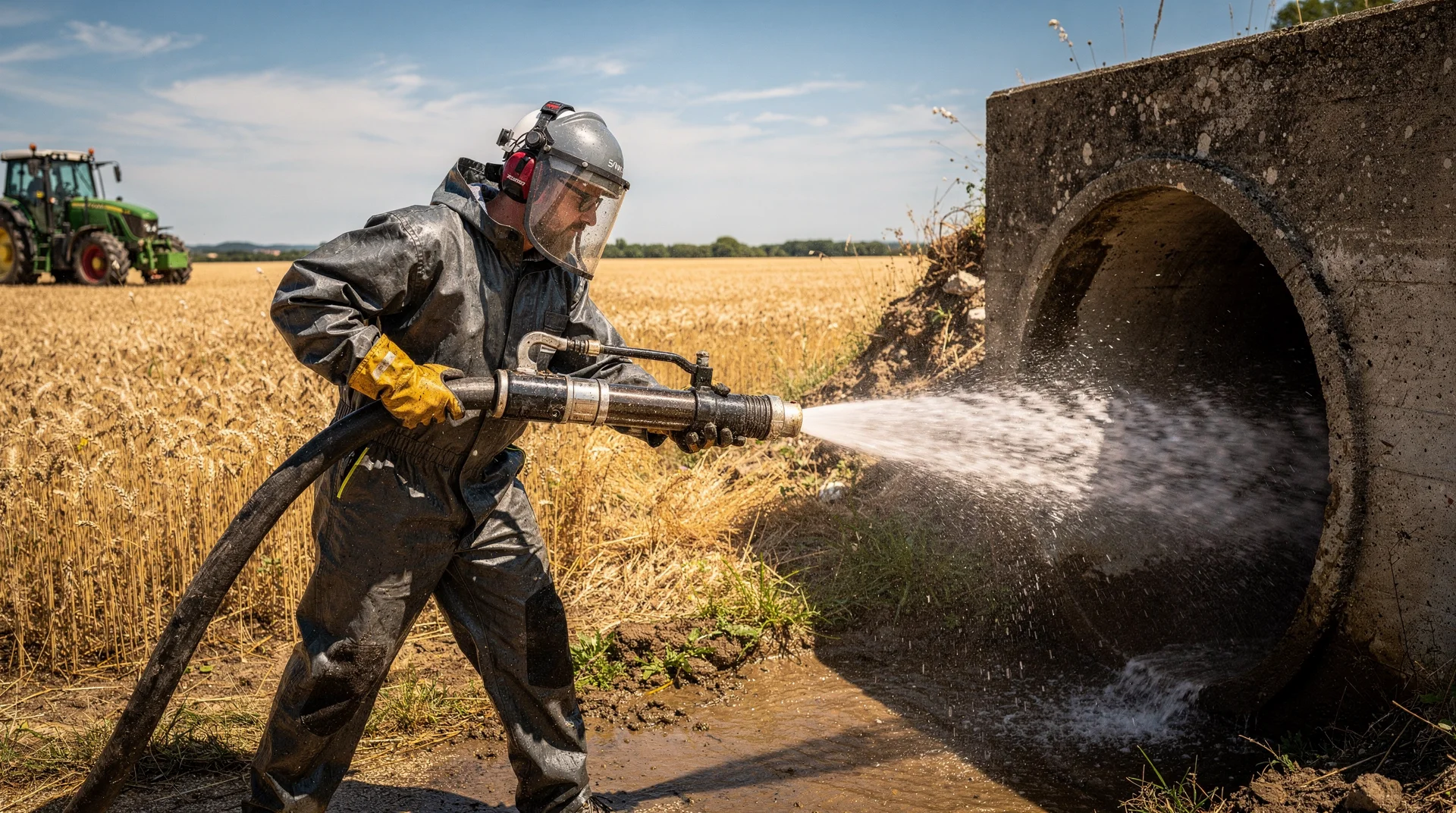 Hydrocurage agricole en Occitanie — technicien opérant un tuyau haute pression sur un collecteur d'irrigation dans un champ
