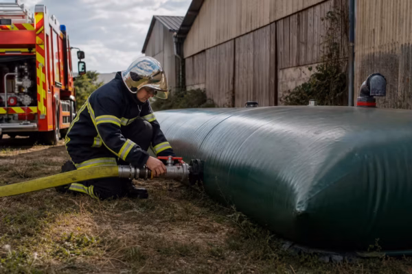 Sapeur-pompier branchant une lance sur une citerne souple de réserve incendie installée à côté d'un bâtiment agricole