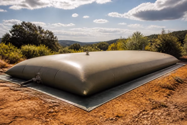 Grande citerne souple kaki de 50 m³ installée dans un champ en garrigue méditerranéenne sous un ciel d'été