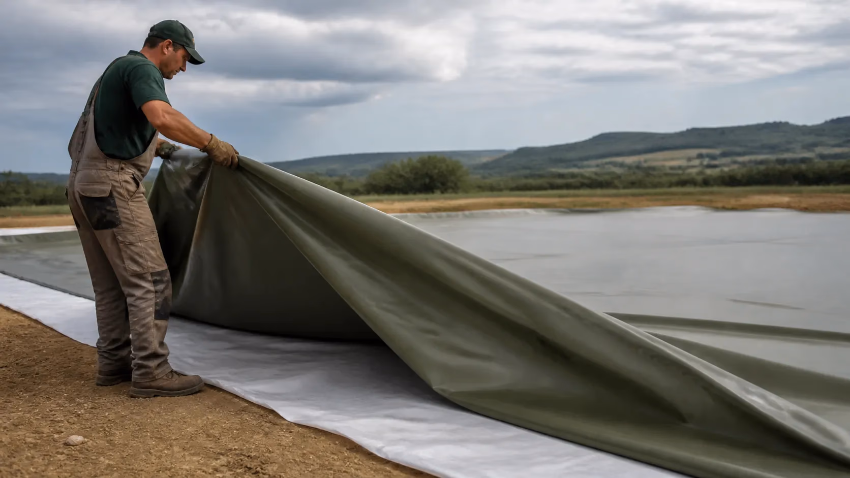 Technicien dépliant une bâche souple de stockage d'eau sur un géotextile dans une exploitation agricole de l'Aude