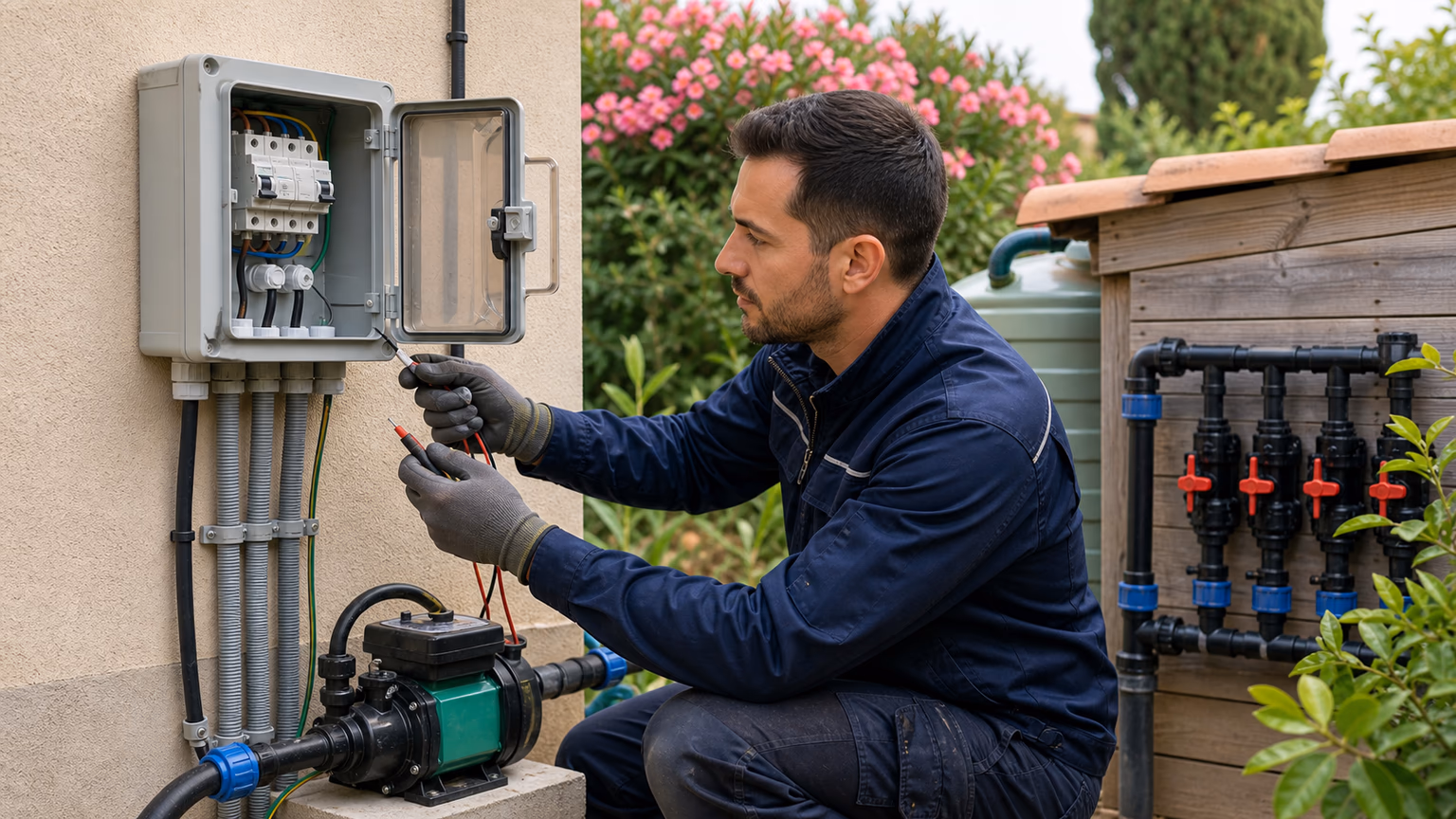 Armario eléctrico exterior estanco junto a una bomba de jardín y un depósito
