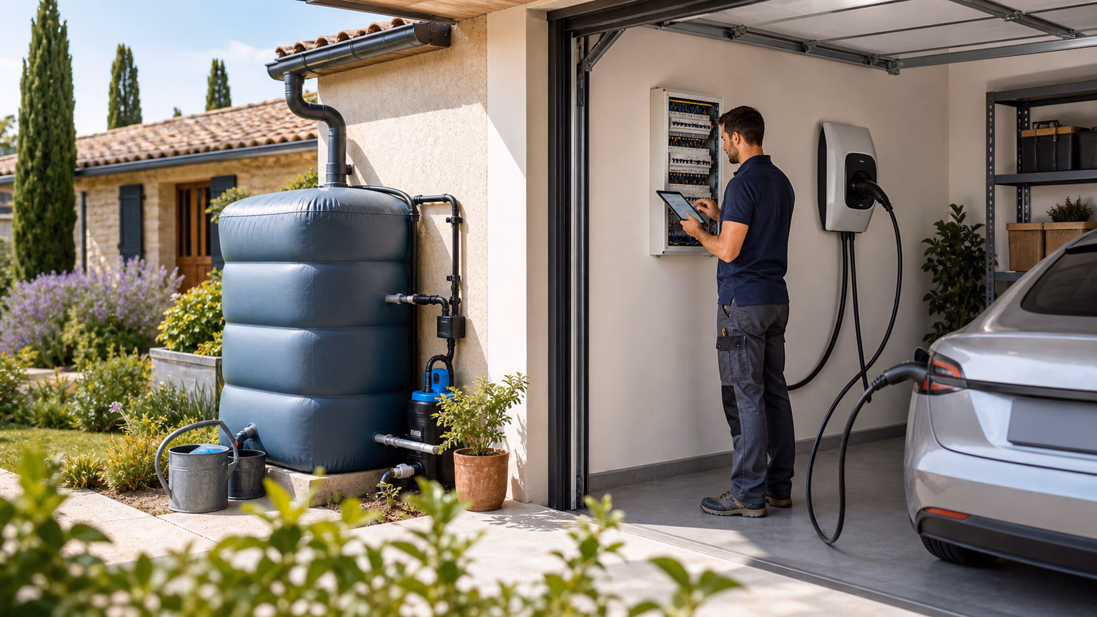 Garage avec citerne de récupération d eau, borne de recharge et tableau électrique