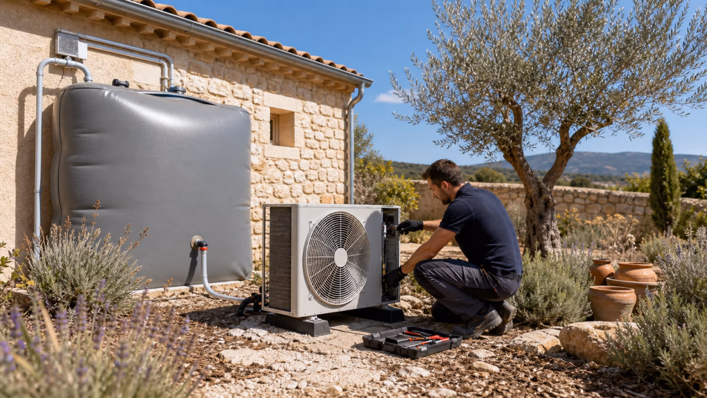 Maison en PACA avec citerne d eau et technicien près d une unité extérieure de climatisation