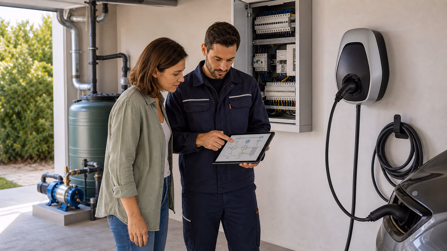 Technicien et propriétaire étudiant un plan entre pompe d eau et borne de recharge