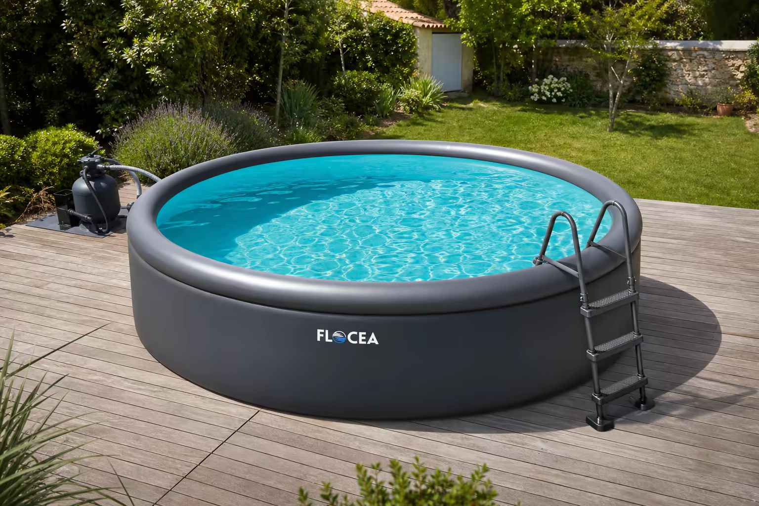 Piscine gonflable rigide ronde Flocea avec échelle et filtration à sable