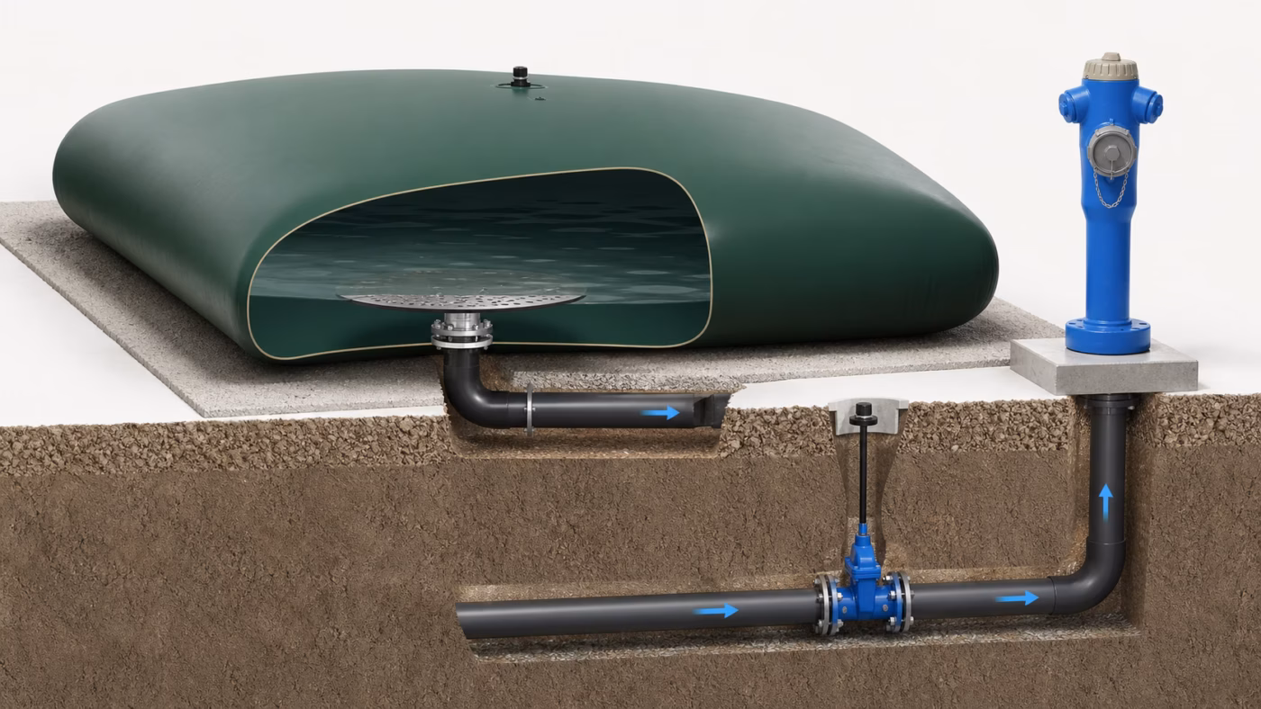 Schéma réaliste du piquage bas anti-vortex et de la canalisation reliant une citerne souple à un poteau bleu
